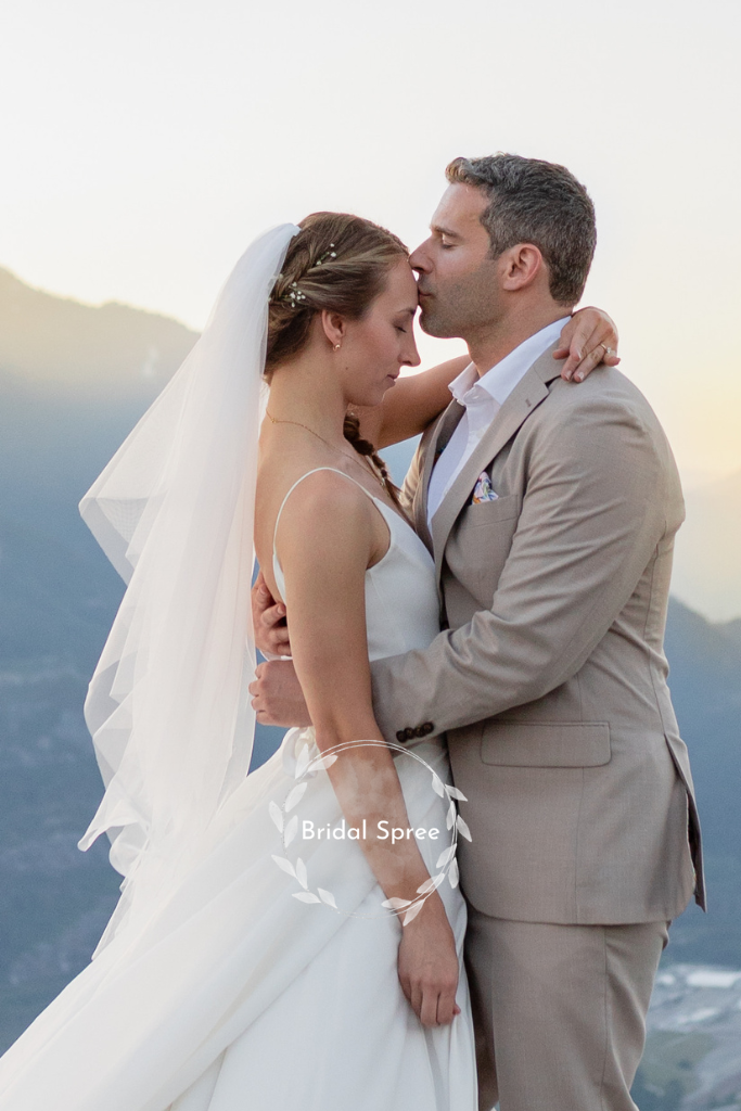 Bride wearing two tier fingertip veil with blusher and a line wedding dress for mountaintop wedding photography