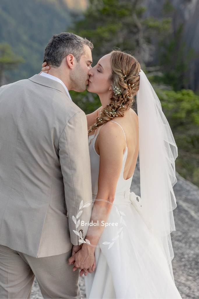 Bride wearing two tier fingertip veil with blusher and a line wedding dress for mountaintop wedding photography