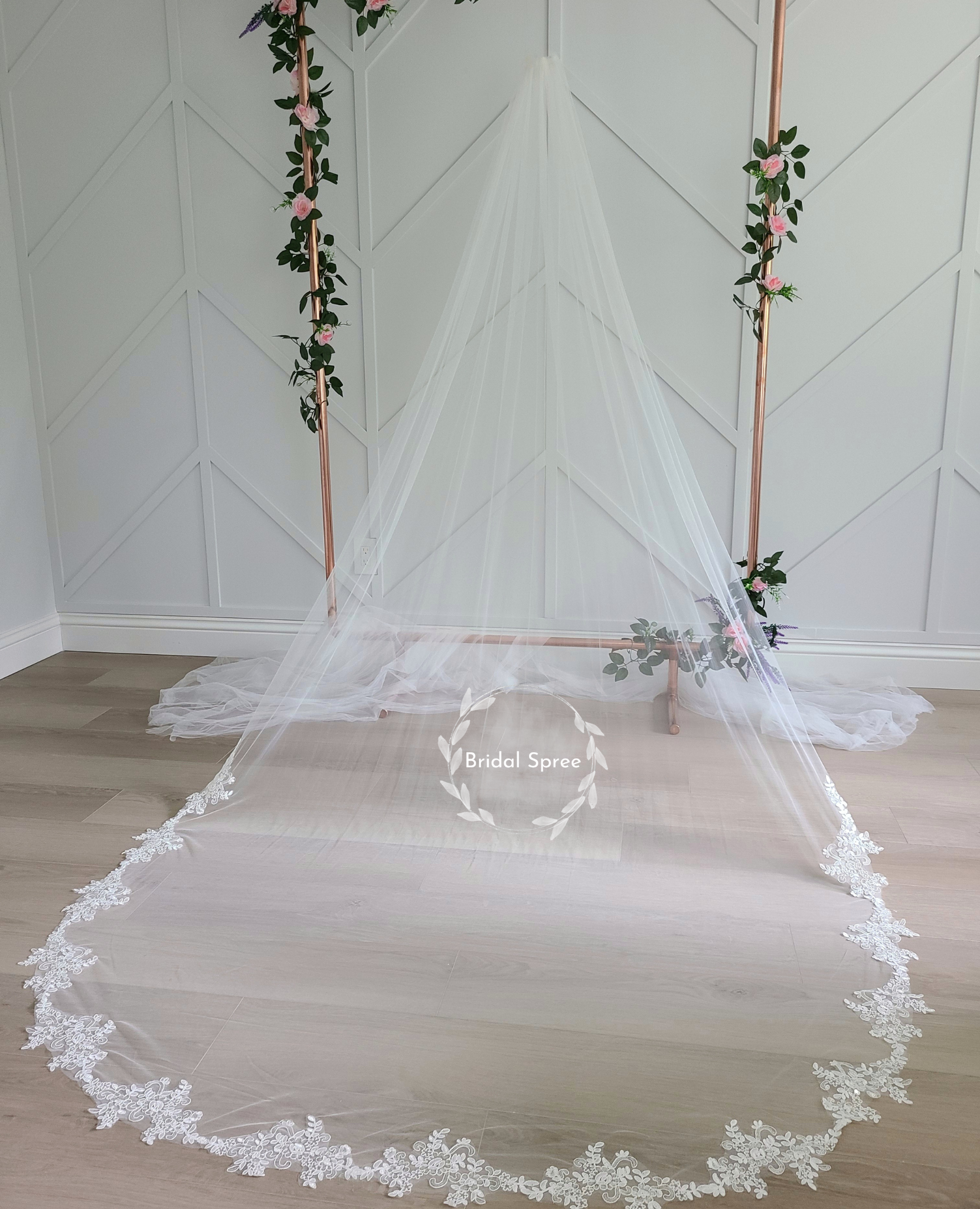 floral leaves lace cathedral veil with sparkles sequins 