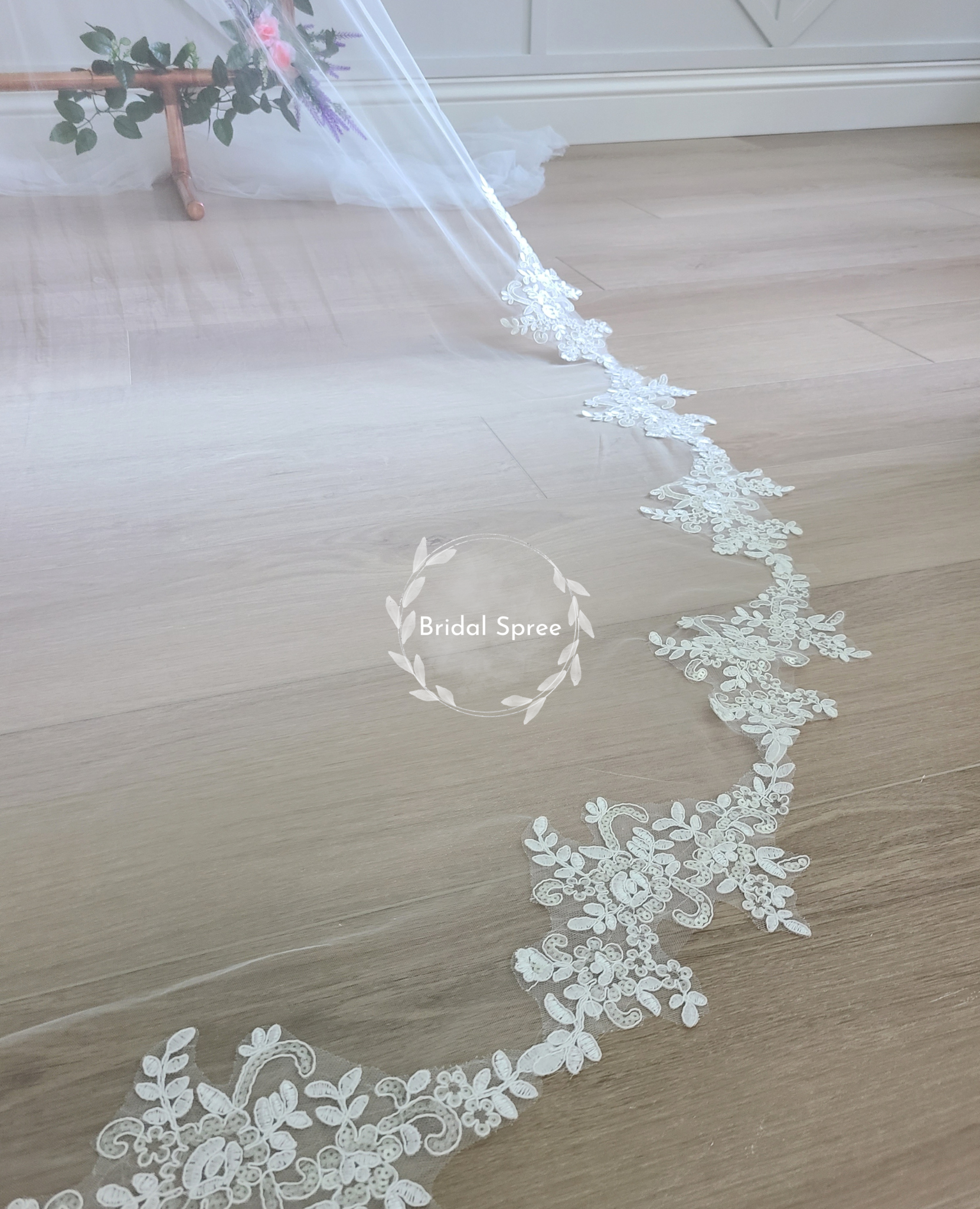 floral leaves lace cathedral veil with sparkles sequins 