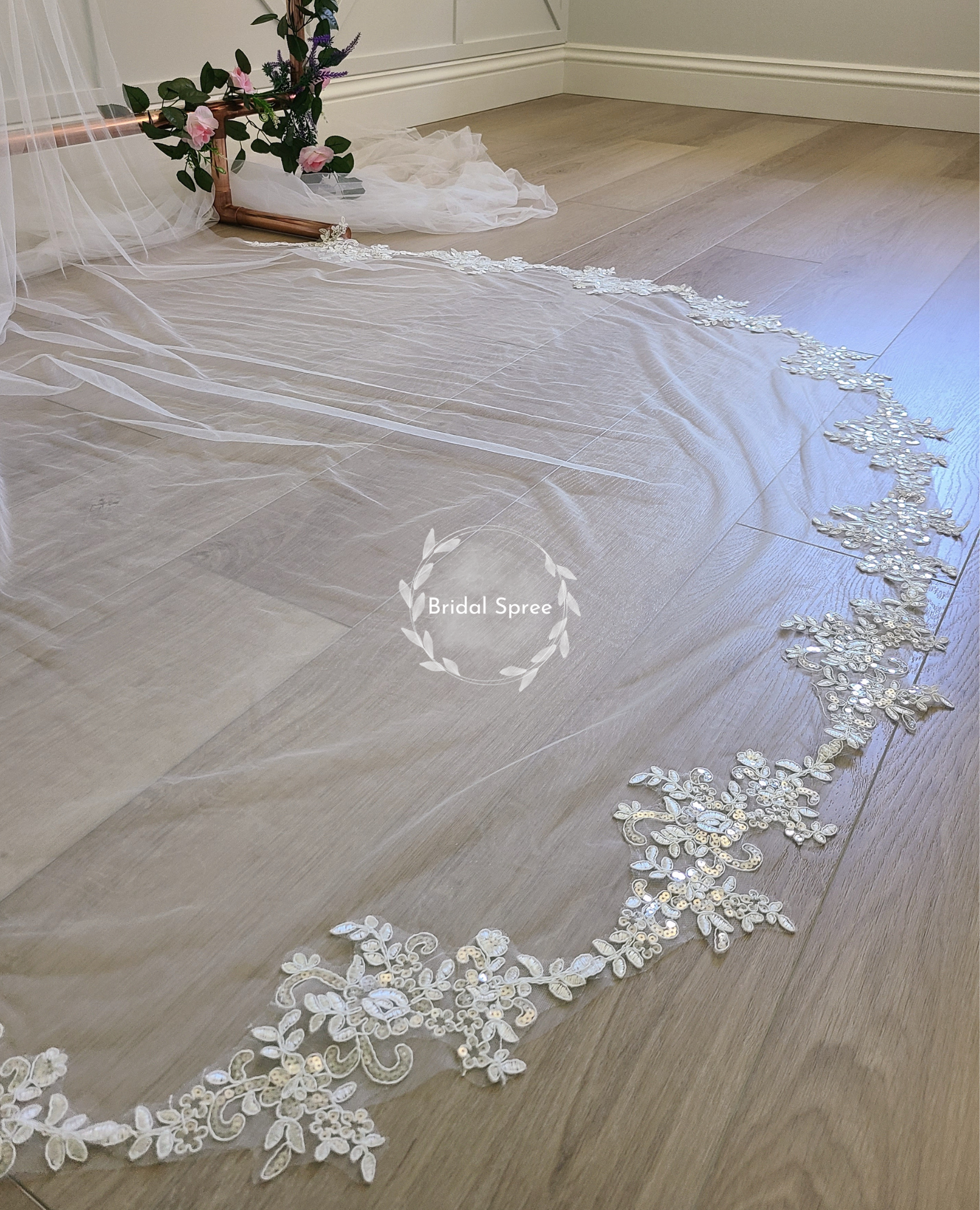 floral leaves lace cathedral veil with sparkles sequins 