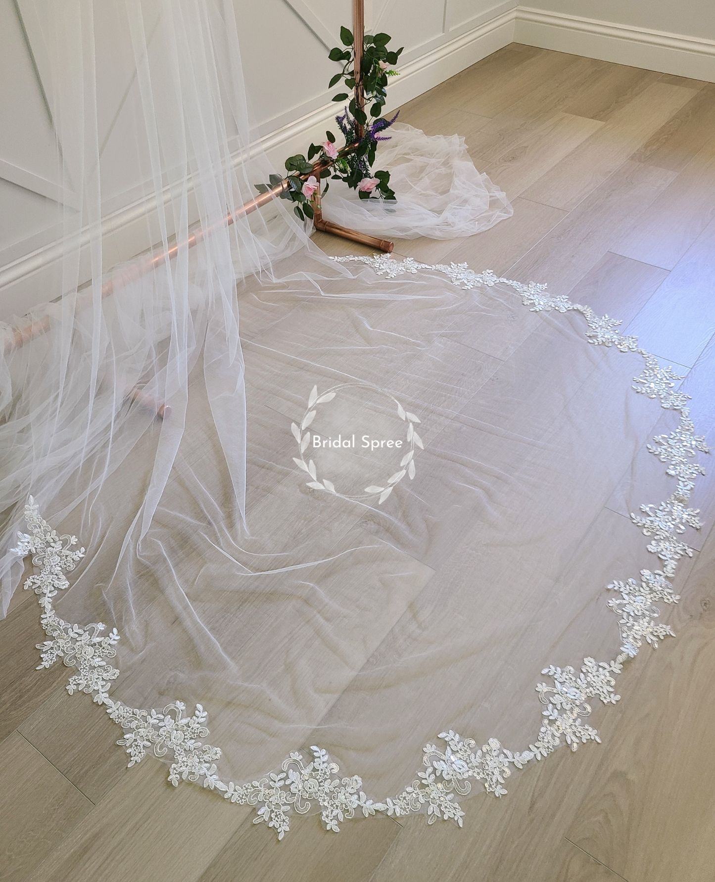 floral leaves lace cathedral veil with sparkles sequins 