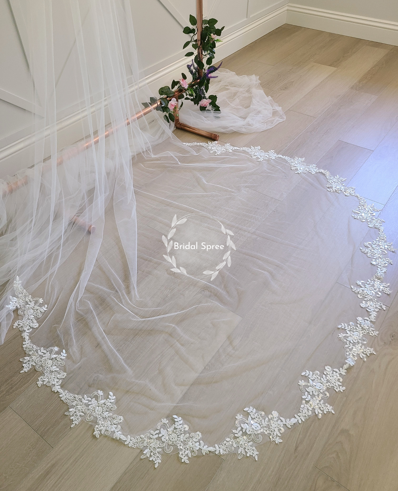 floral leaves lace cathedral veil with sparkles sequins 