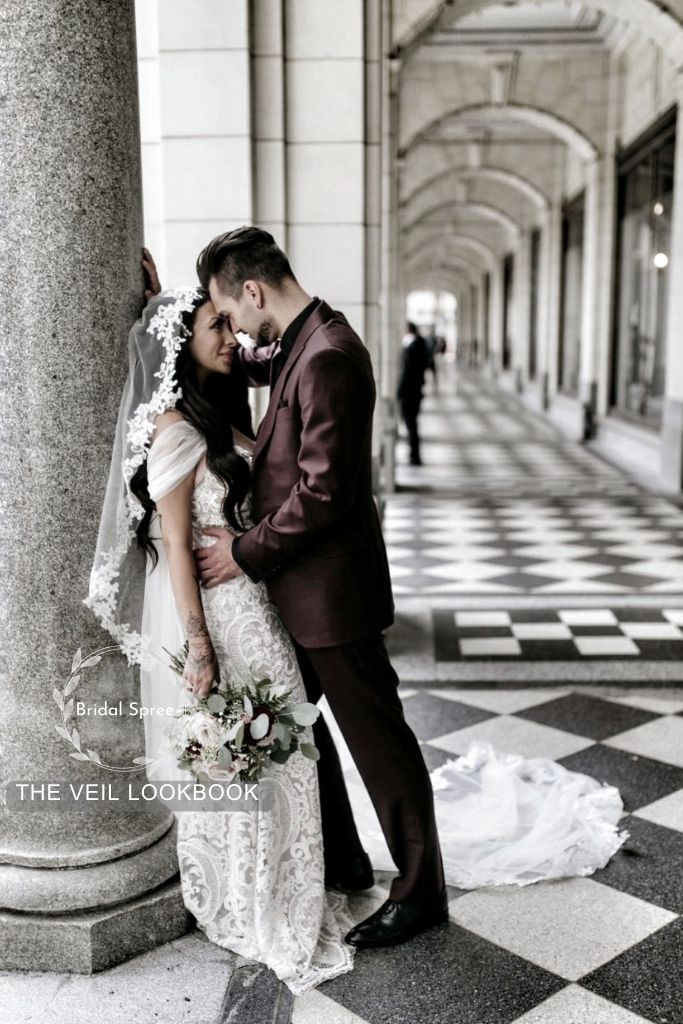 Bride wearing Mantilla Lace Cathedral Veil with Off the Shoulder Wedding Dress for Wedding Photography